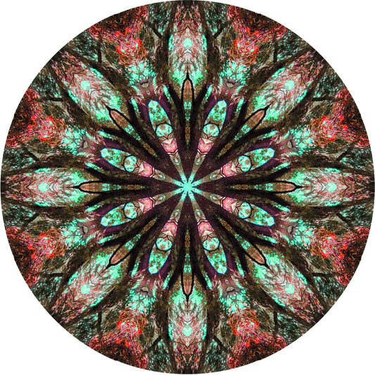 A mandala in red and green, created from a photo of a tree. there are lots of fascinating details of watery reflections and tree sprites