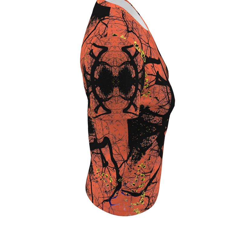 Maglietta grafica audace rossa e nera da donna, design unisex, stile albero