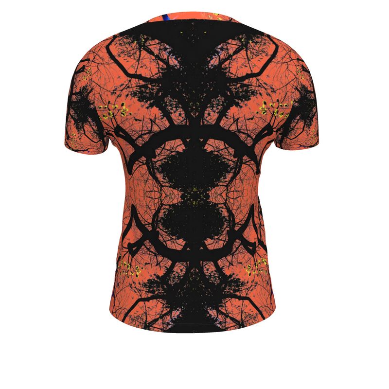 Maglietta grafica audace rossa e nera da donna, design unisex, stile albero