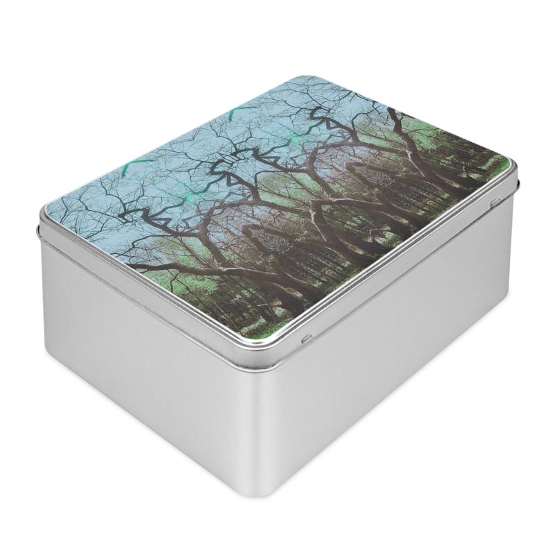 Metal storage tin with original tree artwork lid. Designer art tin.
