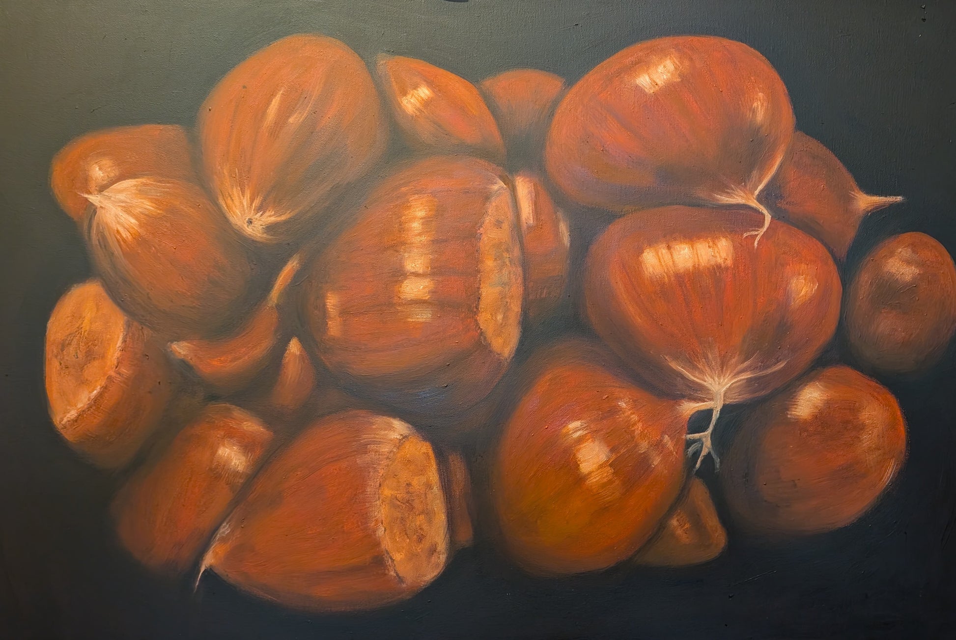 Oil Painting of chestnuts on a dark background