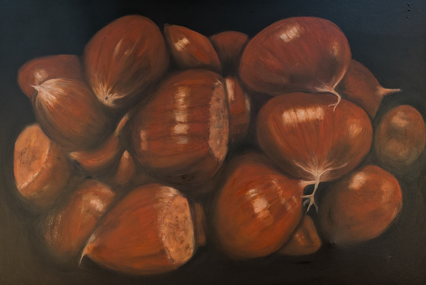 oil painting of chestnuts against a dark background