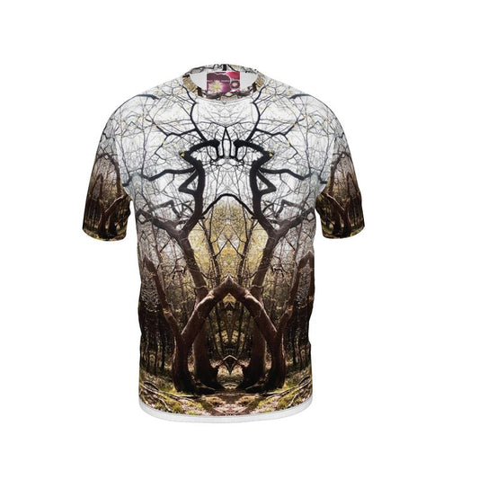 Tree Majesty T-shirt da uomo unisex aderente di design con stampa della natura progettata dall'artista