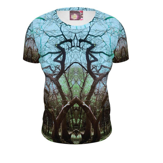 T-shirt blu di design aderente da donna Tree Majesty, con stampa della natura progettata dall'artista