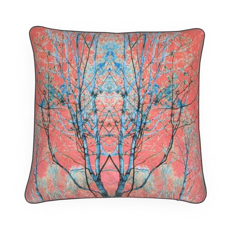 Cuscino di design ispirato all'albero. Rosa, blu. Morbido e vellutato.