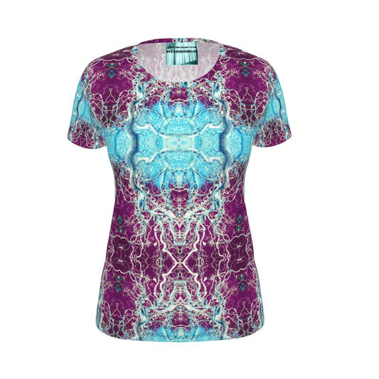 T-shirt aderente firmata viola e blu riccio nocciola 