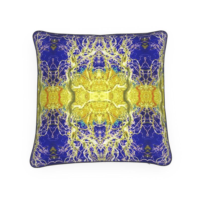Blue and yellow curly hazel cosy designer cushion